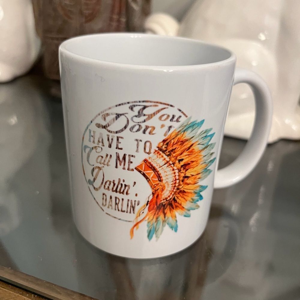 Darlin’ lyric White Ceramic Mug with Colorful Feather headdress Design